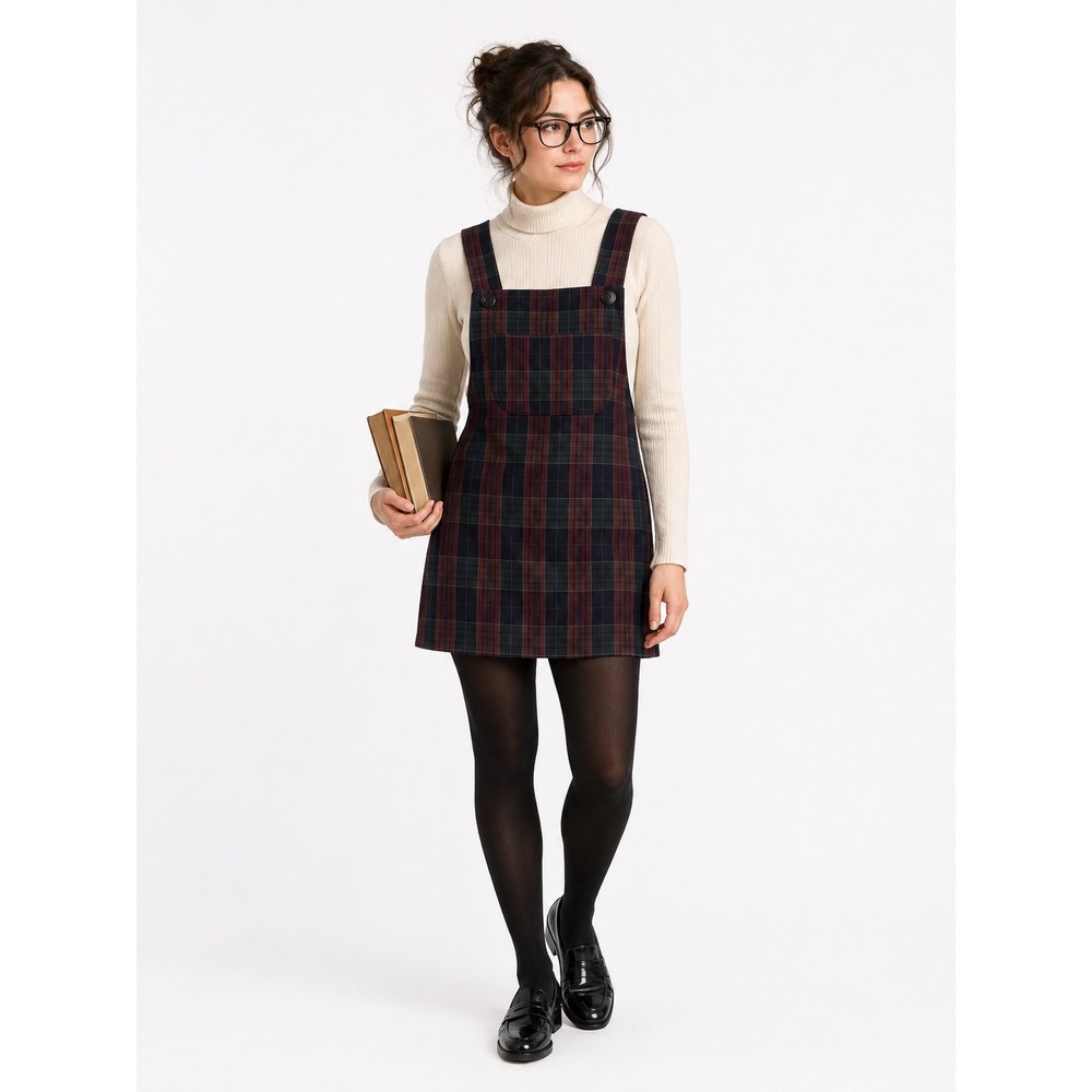 Vintage Paris Sport Club Plaid Pinafore Overall Mini Dress Size M Dark Academia